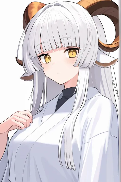 1girl, white hair, long hair, blunt bangs, yellow eyes, blunt hair, hime-cuts, goat ears, goat horns,score_9_up, score_8_up, masterpiece, best quality