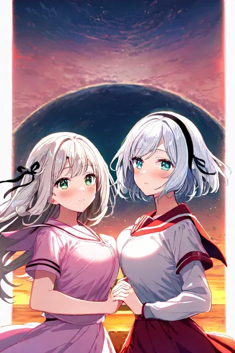  2 girls fighting back、 staring at each other、（ long hair（ Gold、 green eyes、Big Breasts、A pair of hair ribbons left and right）、 blush、（ short hair（Aqua Eyes、 Silver Hair、 small tits、hair band style ribbon）、pale pink sailor suit、 red skirt（Black Line） sunse...