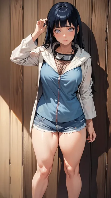 ( Hyuga Hinata , Very sensual ,  short denim shorts with her fun girl clothes, Brazilian ,  Rio de Janeiro ,  Funk dance , Roll ,  big butt ,  Thick legs , Naked ,  wearing a small blouse , ,  Nike , big hair, The speaker behind ,   very realistic  ,  tail...