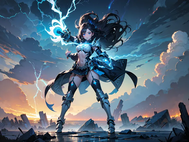 (((masterpiece, best quality, high detailed, 16k))) (1goddess) A formidable  thunder goddess with a commanding presence, her eyes crackling with electric energy. She has a lithe, muscular build and long, flowing hair that seems to shimmer with lightning. S...