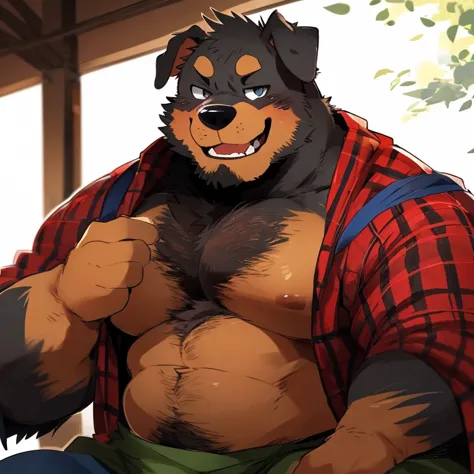 dog, furry, rottweiler, handsome, very muscular, very big, extremely hot and sexy, beard, hair, chest hair, charming eyes, solo, male, happy expression, daddy, full body, big body, green medieval clothes, middle aged, by hyaku, by darkgem, by glitter trap ...