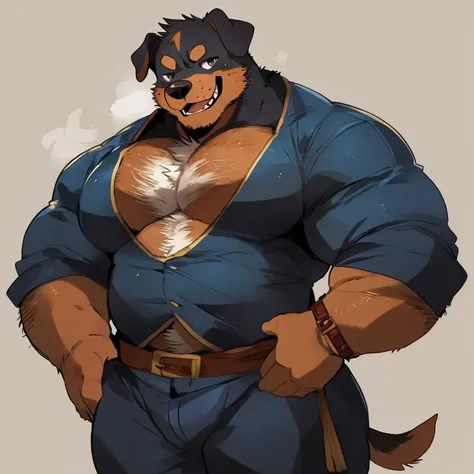 dog, furry, rottweiler, handsome, very muscular, very big, extremely hot and sexy, beard, hair, chest hair, charming eyes, solo, male, happy expression, daddy, full body, big body, green medieval clothes, middle aged, by hyaku, by darkgem, by glitter trap ...