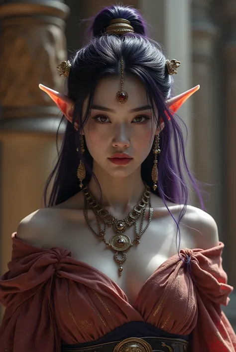 Upper body shot, Japanese woman, pointed elf ears, white skin, dark purple hair, closed mouth, ancient Greek noble attire, Greek jewelry, dynamic pose, complex fantasy character, NSFW, cinematic lighting, fantasy, magic, detailed background, in ancient Gre...