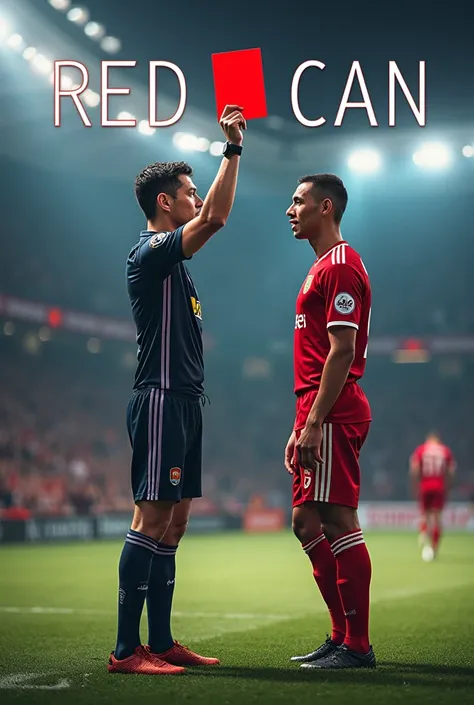 A dynamic football scene with a referee holding up a red card, with two football players facing each other. One player is 20 cm taller, both in action poses. The background features a football field or stadium. The title 'RedCard Can' appears in bold, ener...