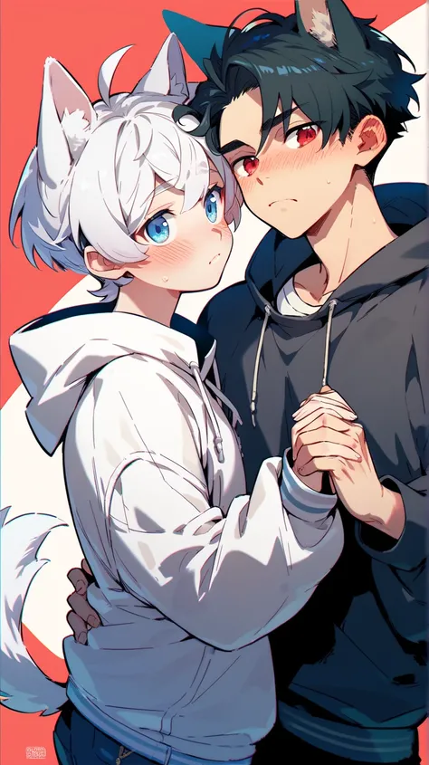 Two boys with dog ears and tail. One has white hair and blue eyes, the other has black hair and red eyes. The two wear oversized shirts and hold hands, best friends. Blush