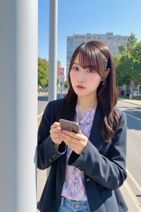 "A woman walking while looking at her smartphone, accidentally bumping into a signpost. She is in her late 20s, with medium-length brown hair, wearing casual clothes like a jacket, jeans, and sneakers. The background shows a city street with a clear blue s...