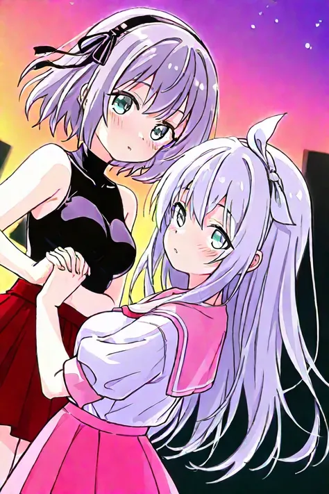  2 girls fighting back、 staring at each other、（ long hair（ Gold、 green eyes、Big Breasts、A pair of hair ribbons left and right）、 blush、（ short hair（Aqua Eyes、 Silver Hair、 small tits、hair band style ribbon）、pale pink sailor suit、 red skirt（Black Line） sunse...