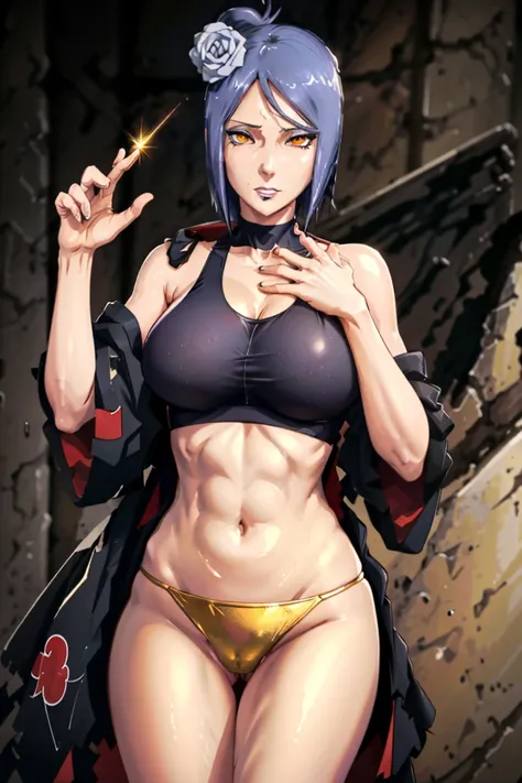 Konan from the anime Naruto Shippuden, made up, Golden eyes ,  short hair ,  black sports bra, With panties, pronounced bust,  big breasts ,  beautiful and sexy body , sexy pose.