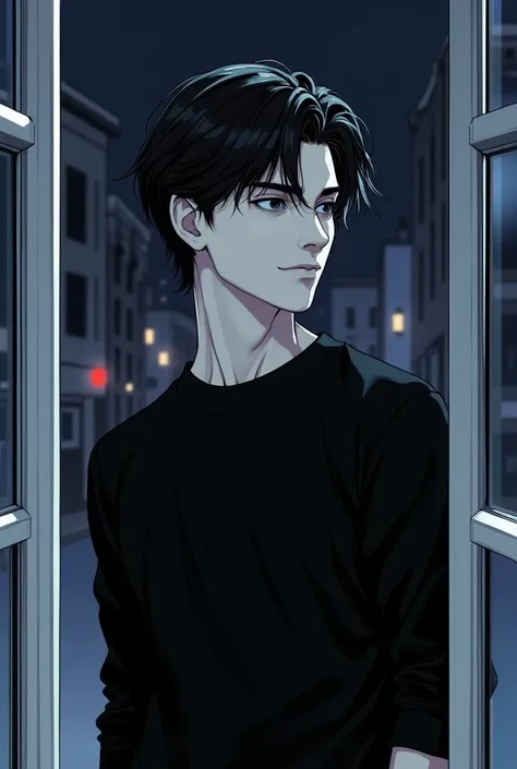  a stylish white-skinned man ,  smooth dark brown hair,  black eyes,  wearing a black sweatshirt , behind him there is an open window, And outside at night ,  Manga Style  