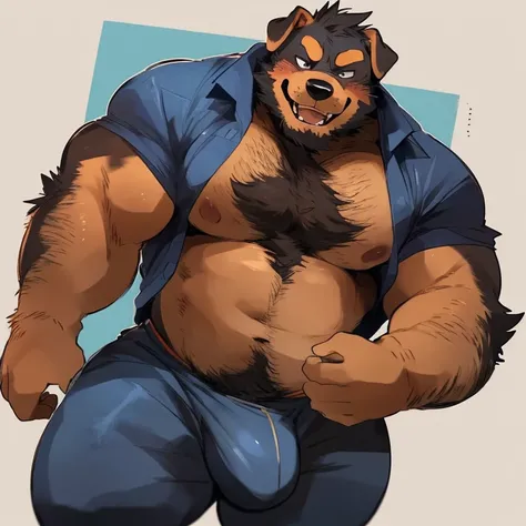 dog, furry, rottweiler, handsome, very muscular, very big, extremely hot and sexy, beard, hair, chest hair, charming eyes, solo, male, happy expression, daddy, bulge, full body, big body, green medieval clothes, middle aged, by hyaku, by darkgem, by glitte...