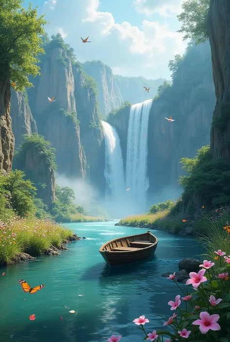 "A wooden boat drifting on a flowing river, surrounded by majestic nature. Towering waterfalls, soaring birds, blooming flowers, and fluttering butterflies create a magical and peaceful scene