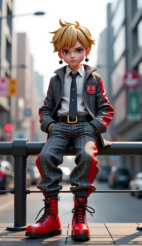 3D anime style, BJD style,  boy, milk tea blond hair, gray eyes, black bat pendant earrings, white shirt with slanted English words, dark gray tie, Gucci bag on the front, headphones on the neck, black and white and red plaid suit jacket, long sleeve lapel...