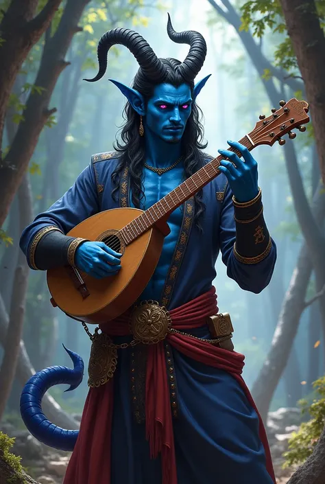  handsome man,  with horns, with tail,  blue skin ,  purple eyes, playing the lute, gypsy style, rpg, d&d