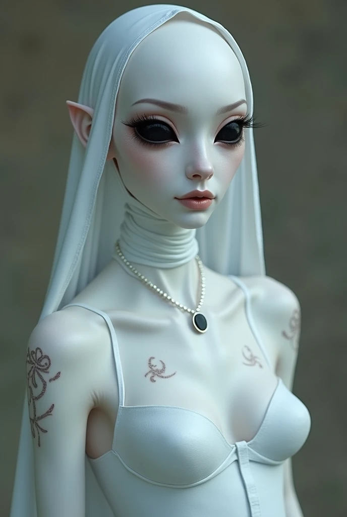 Alien girl   ,  Big Black Eyes  , Beautiful, slender face,   large breasts  ,   pure white skin  ,   White Headscarf   , Priest's white rubber dress ,  Tight Set  ,   tall , Long neck  ,The tip of the ears is small. ,  Glow Tattoos ,  Full Body Image  , Be...