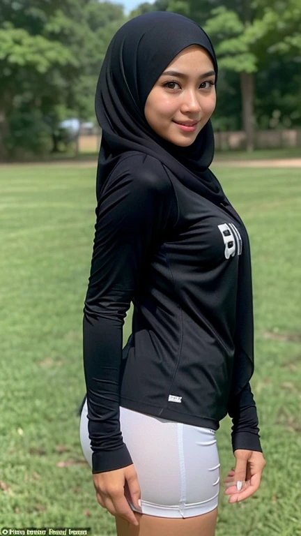 RAW, Best quality, high resolution, Masterpiece: 1.3), Beautiful malay woman in soccer outfit wearing shawl style hijab, side view, from side, buttocks facing viewer, non naked, big head, wearing jersey outfit, flawless face, cute face, pretty malay face, ...