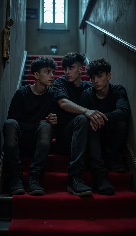 Three age boys . beau. athletic. Black hair and blue eyes . One has undercut hair.  Another one has slightly spiked hair. And the other one with curly hair. Ambiance psychopathe ambiance sombre et rouge. The three of them sitting on the stairs of a black a...