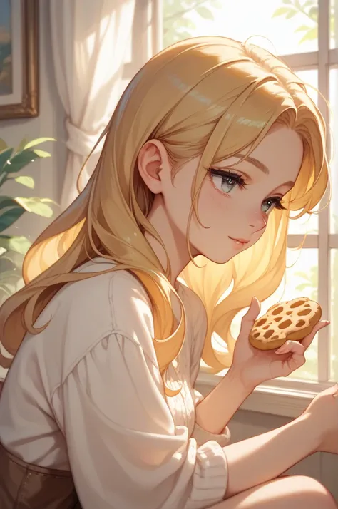 A blonde anime girl sitting by the window, holding a small cookie with both hands, enjoying its taste, warm sunlight coming through, honey-colored eyes, long golden hair, cozy atmosphere, delicate fingers, soft focus.