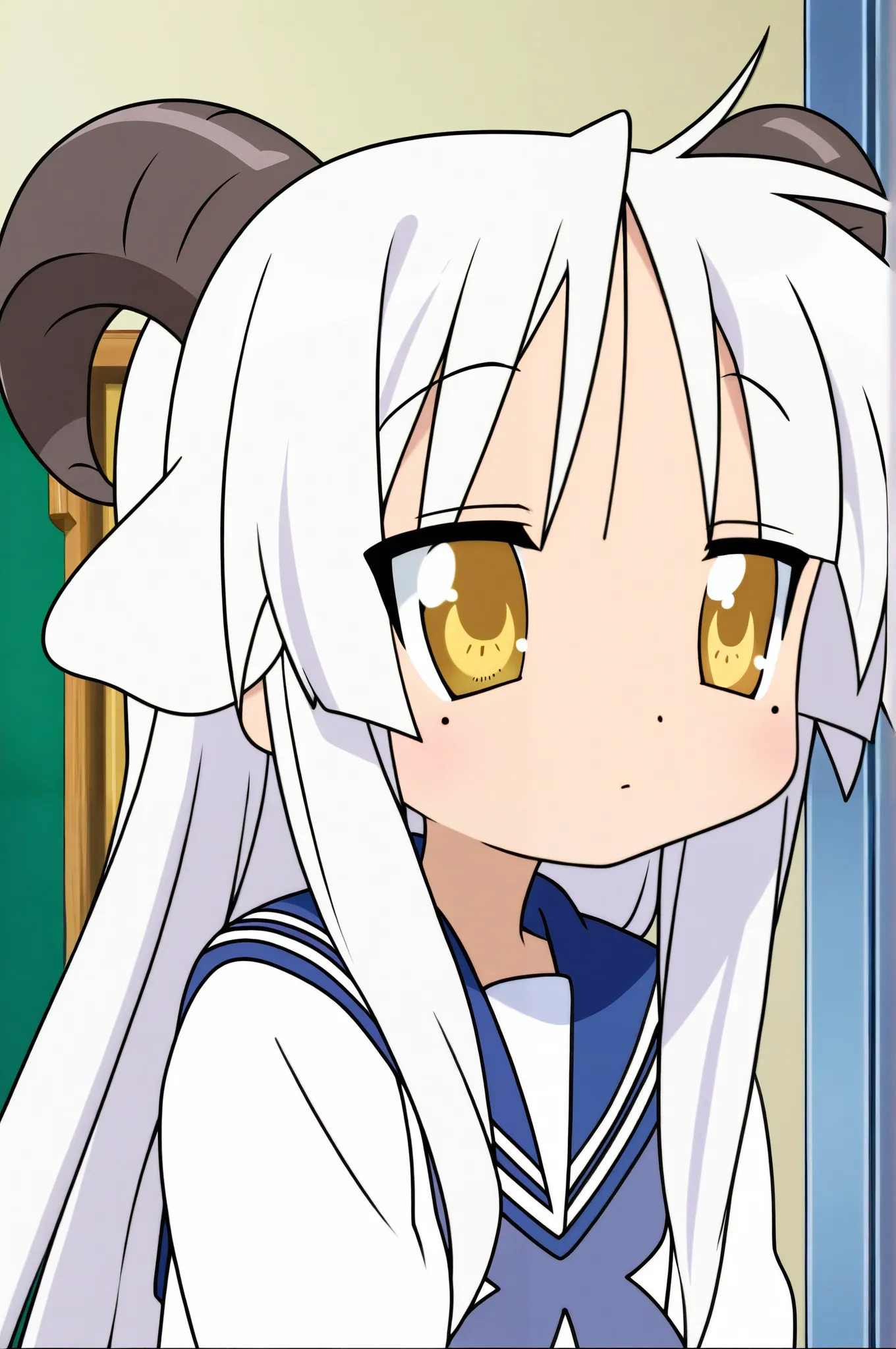 lucky star, screencap, anime Style, 1girl, white hair, long hair, blunt bangs, yellow eyes, blunt hair, hime-cuts, goat ears, goat horns,score_9_up, score_8_up, masterpiece, best quality