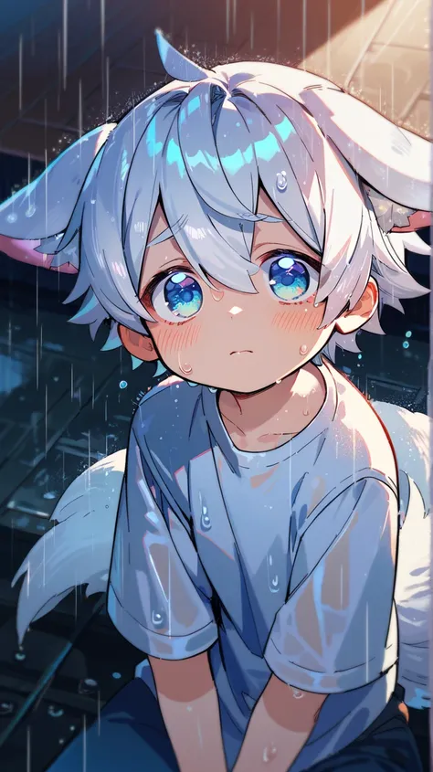 , dog ears, big shiny eyes, blush, bangs, oversized shirt, tail, white hair, sad, rain, drenched