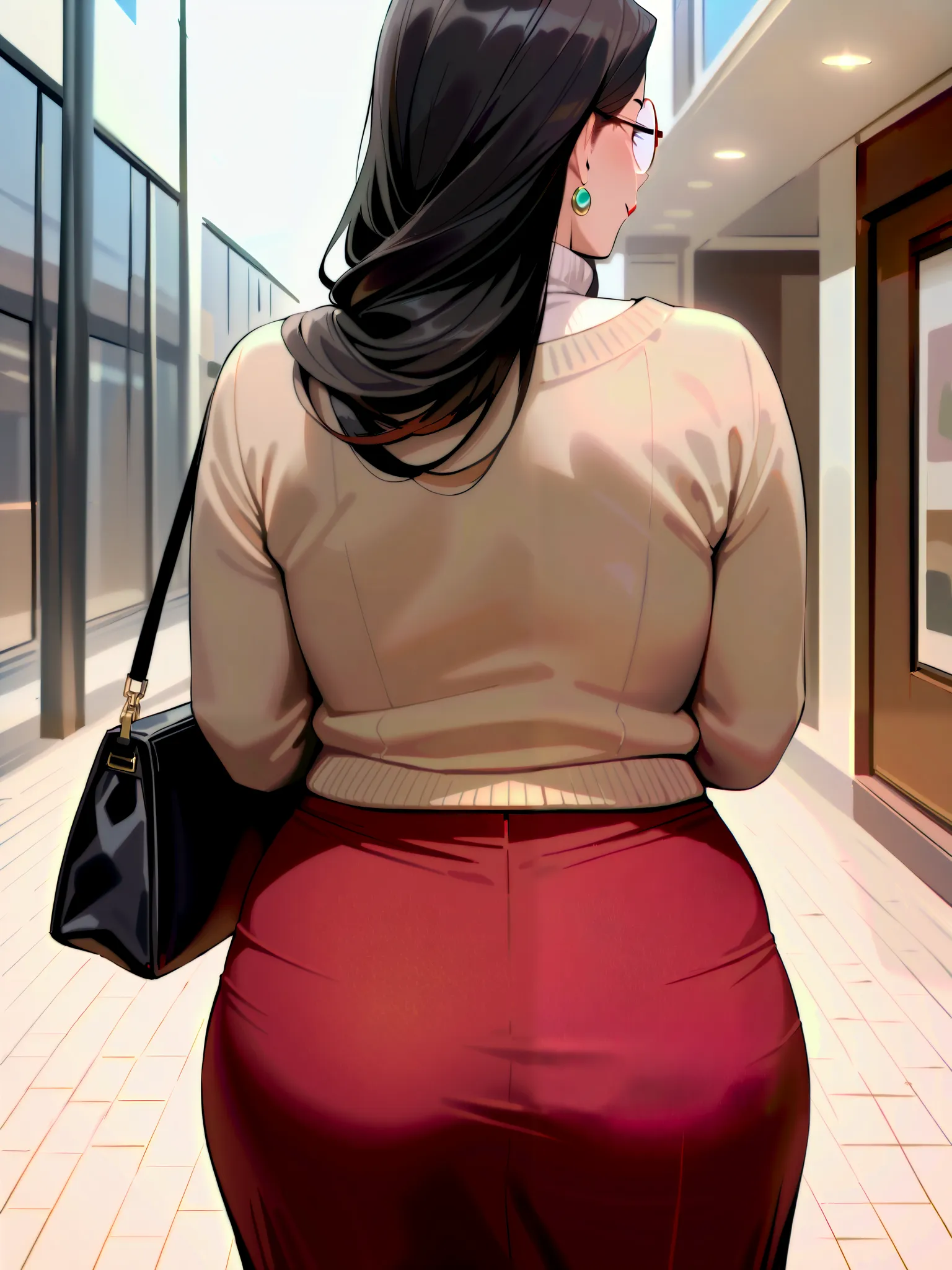 (( top quality)), (( Masterpiece)), (( anatomically correct)),  photos, ( Beautiful Japanese), ((Mature Woman)),  smiles,  Standing,  back view, Look only at your face on camera , Turn slightly diagonally,  chubby,  black hair,  long hair, Round Glasses,  ...