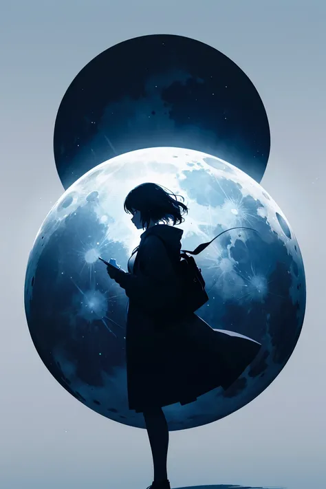 Highest quality,Big moon and shadow,A silhouette of a person can be seen against the backdrop of a large moon.,There is one full moon,There is a mood,Beautiful scenery,Starry Sky