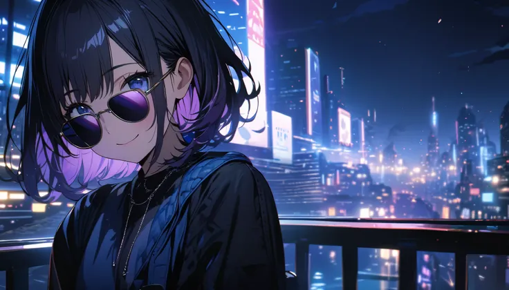 one girl,black hair and bob hair、beautiful blue eyes、smile、gentle smile on her face、flat chest, one Beautiful girl,((masterpiece, illustration, best quality) ((ultra-detailed))\, a girl wearing sunglasses (sunglasses), Behind is the cityscape in the evenin...