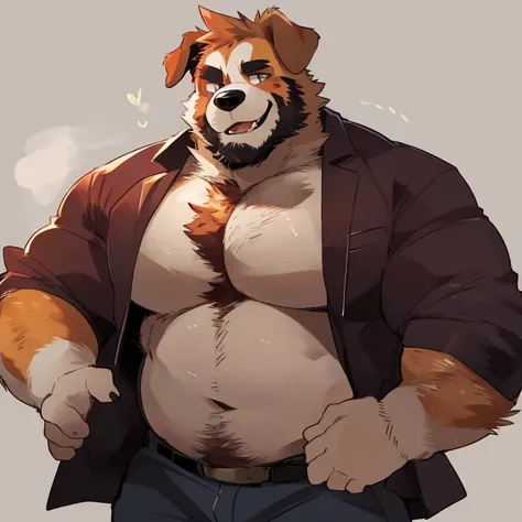 dog, furry, saint bernard, handsome, very muscular, very big, extremely hot and sexy, beard, hair, chest hair, charming eyes, solo, male, happy expression, daddy, full body, big body, clothes, middle aged, by hyaku, by darkgem, by glitter trap boy