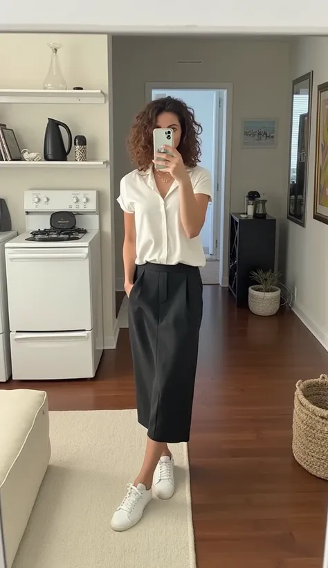  Create an image for the Instagram story post of a digital fashion influencer. She must be a brunette with long , Full and curly and discreet lights to lighten the tone.  Her outfit must be a black skirt and a basic white blouse .  She must take the photo ...