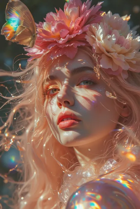 An ultra-realistic emotive close-up photograph of a young woman looking over her shoulder, with pink hair, vines and red, pink and white peonies growing all over her head, butterflies fluttering all around, high-contrast, graphic lighting on a bold fashion...