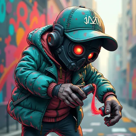 graffiti graffeur 3D sur tout sa hauteur personnage animé look hip hop 3D casquette ecrit dessus emir en noir et turquoise,masque squelette , tient une bombe de peinture dans la main qui sort un jet de peinture projeter  ,sous un pont
