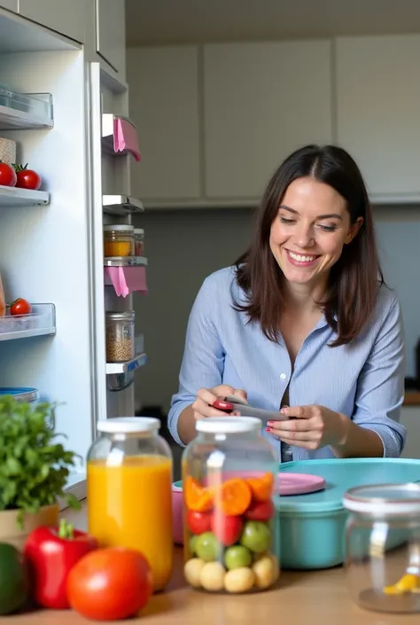 A well-organized kitchen ,  with a smiling person storing food in glass jars and organizing a meal planner.  In one part of the image ,  a well-tidy refrigerator with fruit ,  vegetables and lunchboxes ready . In the background,  a small and empty bin ,  s...