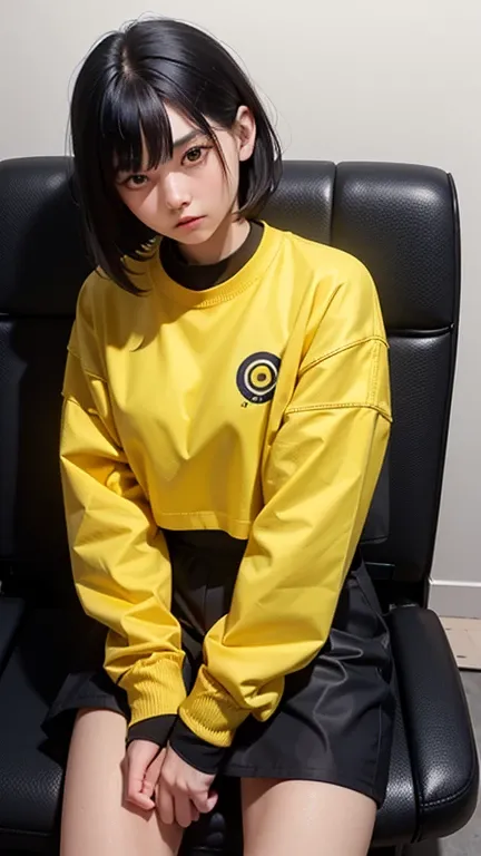   Hi-Res,   boyish,    in the seat,  black hair, Sporty shortcuts,   asymmetrical hairstyle  ,  Asymmetrical bangs,   yellow eyes,  Eyes with three beautifully shaped circles in the middle,  Skater Style Street Fashion, slightly oversized bottoms,  standin...