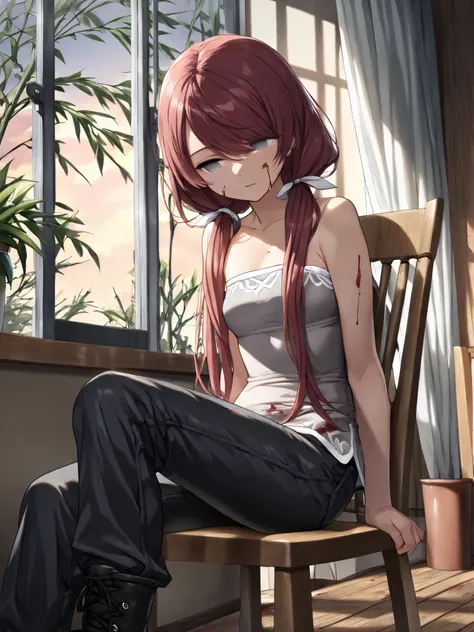 ((Masterpiece, best quality)), Jk, intricate details, 1girl, solo, close up, sitting on wooden chair, ((lifeless eyes, shadows over eyes, blood, blood on clothes, blood on face, long hair in low twin tails)), gray eyes, dark red hair,  (((long swept bangs)...