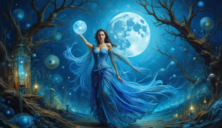 a mystical scene featuring a woman dressed in a flowing blue gown, gracefully standing with her arm outstretched. She holds a crystal ball that glows in the moonlight, enhancing the magical ambiance. Behind her, a large full moon illuminates the night sky,...