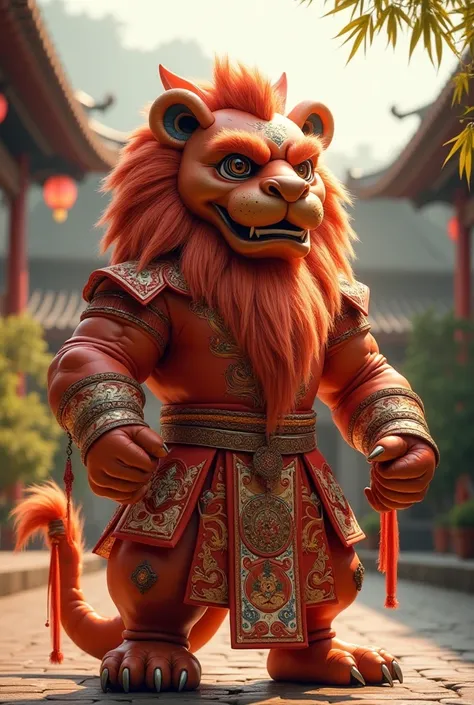 "A majestic lion standing ,  dressed in a traditional Chinese kung fu costume with intricate red and gold embroidery.  The lion has a muscular and powerful build , With a long,  elegantly stylized flowing mane .  The environment is a serene ancient Chinese...