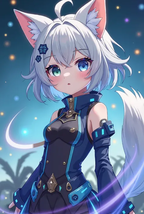 Genshin Impact character but short, blue and green heterochromia, Bella in space-themed costume, Wolfcut pretty juminocore adorable , for the coffee, Landscape in a field, model.