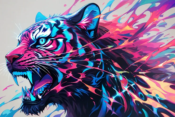 A highly detailed, vibrant, and colorful tiger face with an aggressive expression, roaring with sharp teeth visible. The tiger's fur is infused with neon splashes of blue, orange, and yellow, resembling dripping paint. The background is dark, emphasizing t...