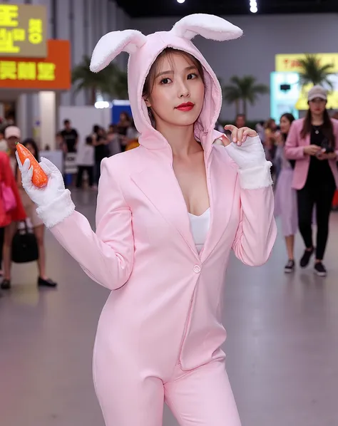 {
  "T5": "A whimsical and cheeky scene featuring a  girl wearing a skintight bunny onesie as part of a playful cosplay. The onesie is a sleek, form-fitting outfit made of shiny cleavage, smooth fabric that hugs her curves visible cameltoe, complete with f...