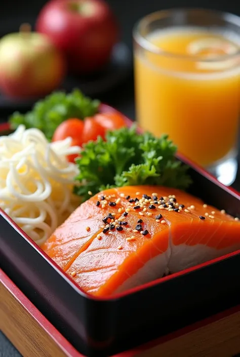 Bento box with fish fillet bean sprouts and apple juice 