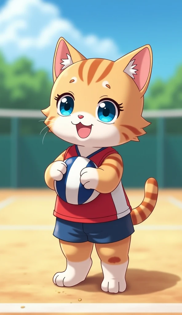         kitten,Wearing a volleyball player costume           、        stand up      、 wearing a volleyball player costume 、( Japanese anime Haikyu style ) ,          3d animation style     ,     cute cat on a volleyball court          、           (  withou...