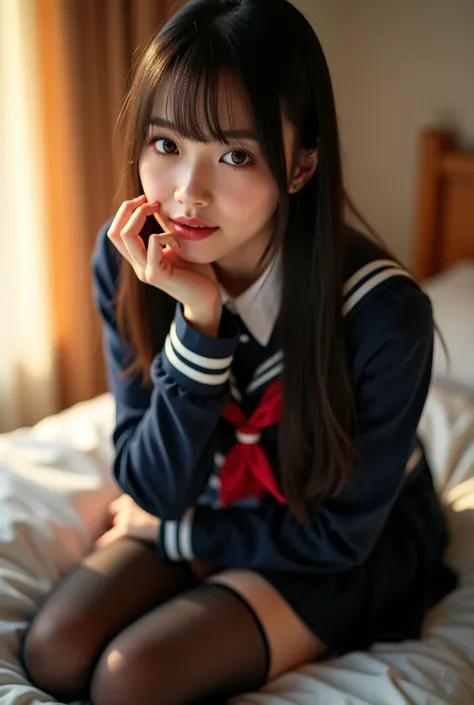 hyper-realistic， Japanese girl， the girl's smooth and straight hair，Wear school uniforms for high school students ， Black Stockings ， Full Body Portrait， kneel in bed，W Leg Pose，Best Quality Photos， 16k Ultra HD HD Resolution  ， Masterpiece:1.2，extreme det...