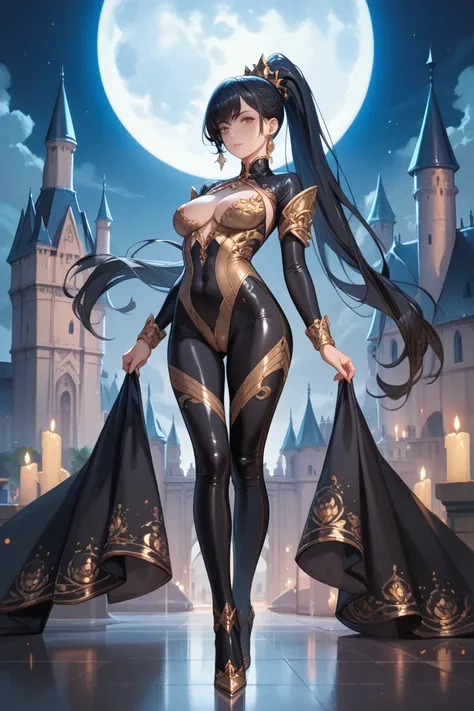  Beautiful slim girl in a very tight full body suit, black glossy suit ,  gold small costume elements , tight-fitting,  long black hair gathered in a ponytail ,  dark castle in the background, full moon,  uncensored