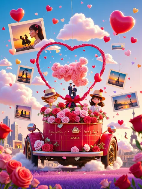 In the pink romantic atmosphere of Valentine's Day, a beauty is in it. The sky of the city is filled with love balloons, An old-fashioned truck with tulips and heart-shaped balloons, carrying Valentine's Day gifts in the back, against a red buffalo plaid b...