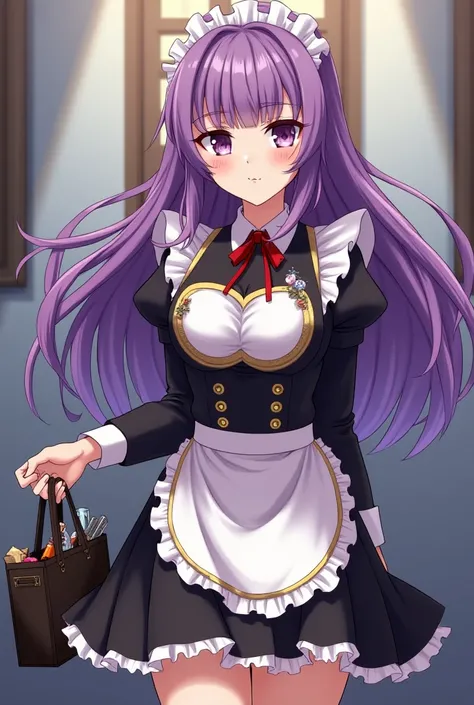 A master of hypnosis, a friend, obsessed and needy, purple long hair and is medium height with perky breasts, wears a black and gold maid uniform, beautiful feminine body, anime woman, holds tools for hypnosis in a bag, kind nature and caring 