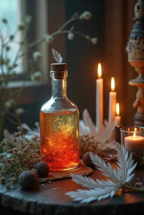  bottle with colored liquid,  unlit candles ,  some feathers , some herbs ...