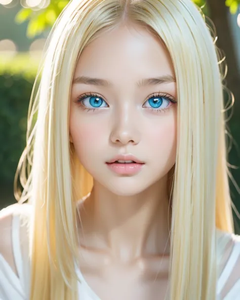  beautiful super long straight silky blonde that shines in a dazzling platinum color、 bright expression 、 blonde girl posing in white top、Long golden bangs between the eyes、Glossy fair skin、Glowing Cheeks、 REAL GIRLS、first time々A 16-year-old girl with an i...