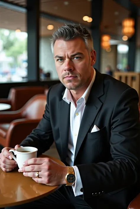 A realistic photograph of a serious high profile businessman wearing a black suit and gold watch, Sipping coffee at a table in a luxury coffee shop with black hair and tie 