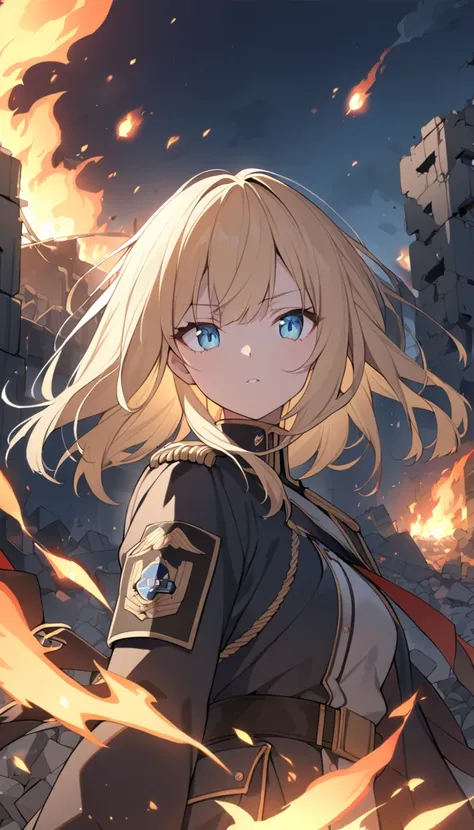 1girl, at night, fire burning, standing in the ruins, bombs in the air, the ruins are burning, in a war, her face was lit with fire, soldier girl, military uniform, blonde hair, blue eyes, detailed, upper body,  detailed