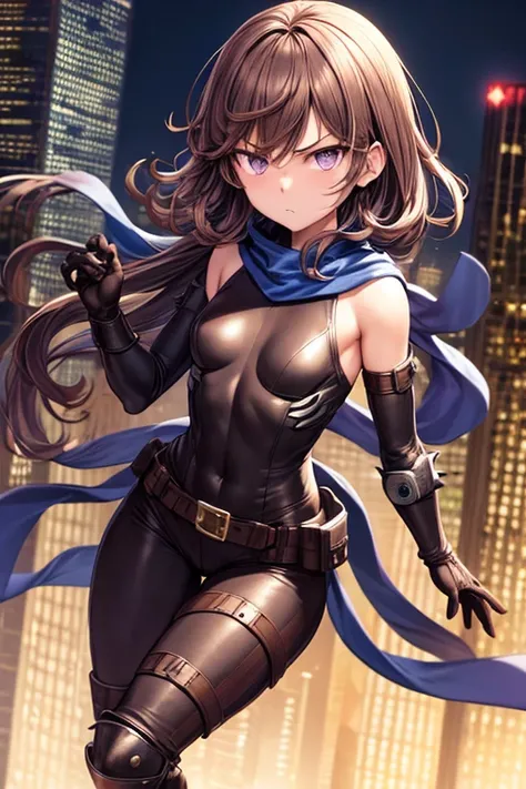 ((best quality)), ((masterpiece)), (detailed), 1 girl, young adult, purple eyes, serious face, long blue scarf, brown hair, long hair, wavy hair, bangs, brown collar, somewhat short, very thin, big googles, spikes on forearms, brown details, large brown le...