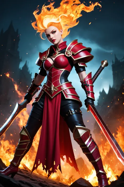 A female warrior clad in dark fantasy armor stands defiantly amidst the fiery depths of hell. Flames of crimson and orange lick the charred ground around her as demonic shadows swirl in the infernal atmosphere. Her armor gleams with an ominous sheen, refle...